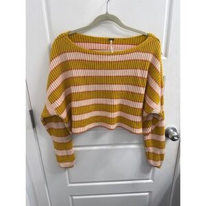 Free People Striped Cropped Sweater Mustard Yellow Pink Orange Rib Knit XS